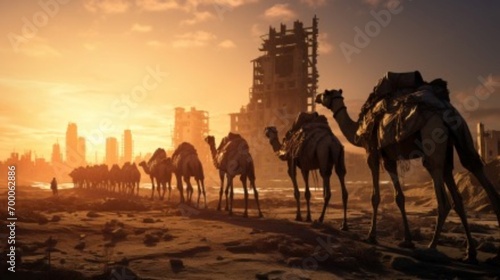 dramatic moment with a herd of camels making their way through a devastated city, surrounded by damaged high-rise structures, while the sun bathes the scene in warm light against a clear blue sky