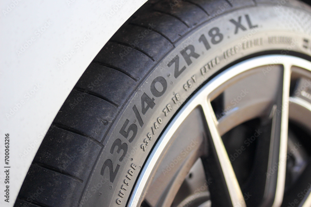 Close up of a 235 40 ZR 18 high performance tire