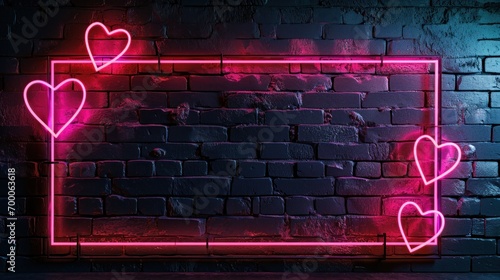 Pink and red neon heart shapes mounted on an aged brick wall, exuding charm and romance in the design photo