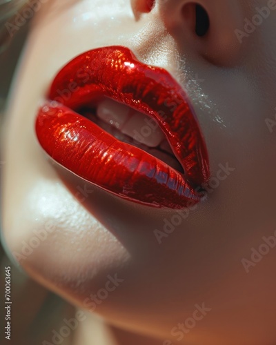 Close-up view of shiny red lips slightly parted, exuding elegance and sensuality