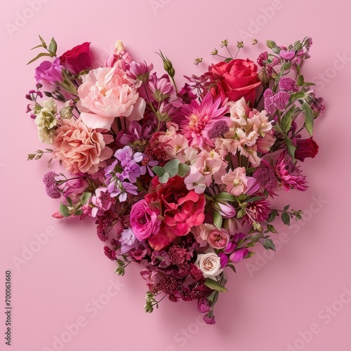 A diverse mix of flowers arranged into a heart shape on a soft pink background, symbolizing love and romance © Glittering Humanity