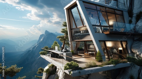 A office design that's small and is built on top of a very tall and large mountain. Generative AI.