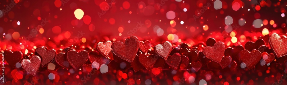 A succession of red glitter hearts perfectly aligned against a brilliant bokeh background, symbolizing love and joy