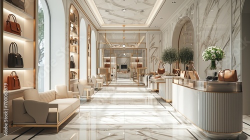 A luxurious and modern boutique interior for a high-end handbag brand. Generative AI. photo
