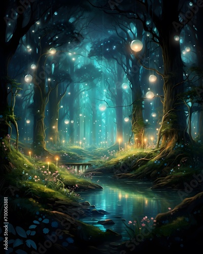 Fantasy forest at night with lights and fog. 3d rendering © Iman