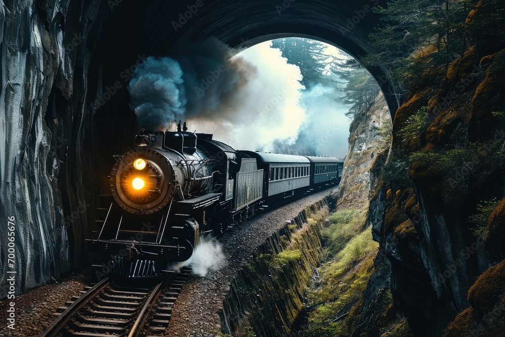 Drone view of a steam engine train passing through a tunnel. Generative AI. - obrazy, fototapety, plakaty 