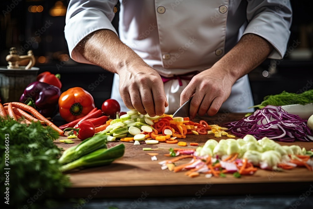 chef preparing food and cutting vegetables in the kitchen