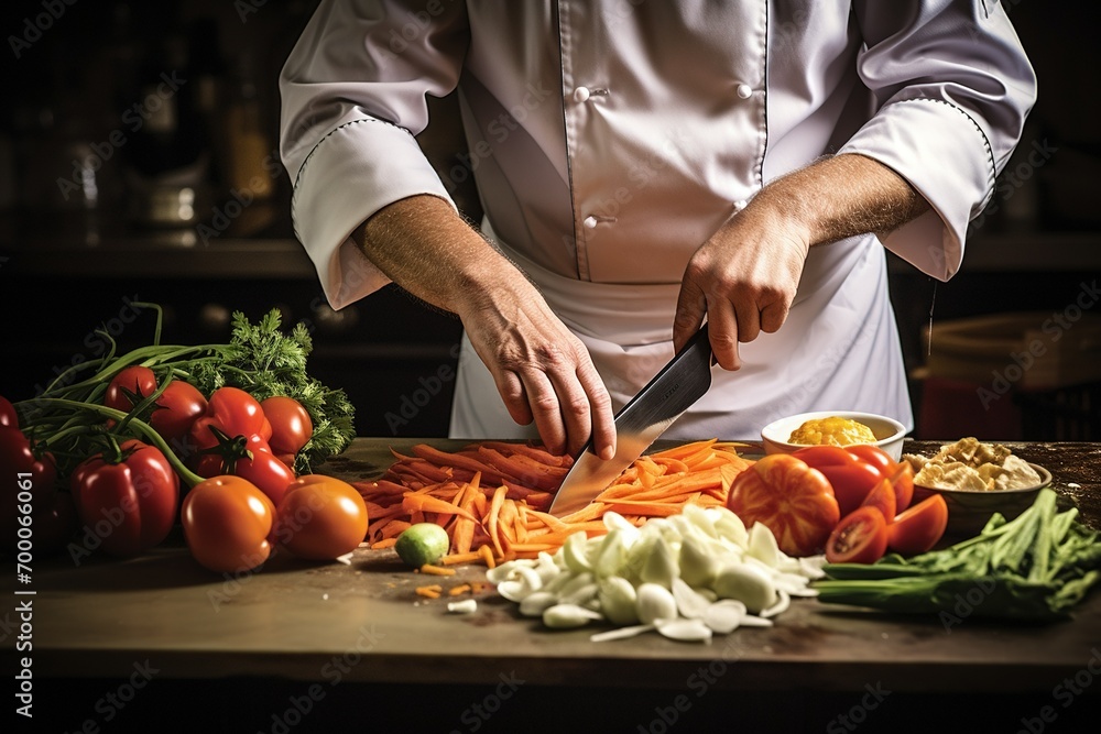 chef preparing food and cutting vegetables in the kitchen