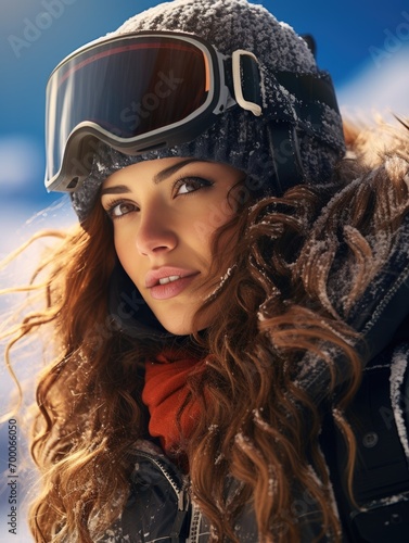 woman snowboarding on ski slopes, in sportive winter clothing © hakule