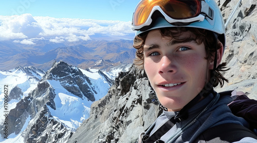 handsome man with Ski goggles, ski clothing and Ski helmet, selfie