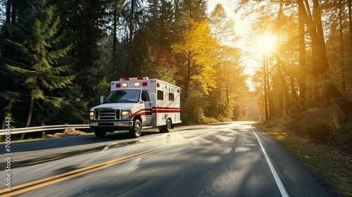 Ambulance Rushing Through a Sunlit Forest Road photo