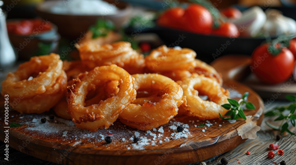 Onion Rings in the plate on the chopping block. Generative AI. Onion Rings in the plate on the chopping block. Generative AI.