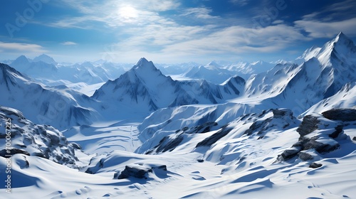 Snowy mountains panorama with blue sky and clouds 3d illustration