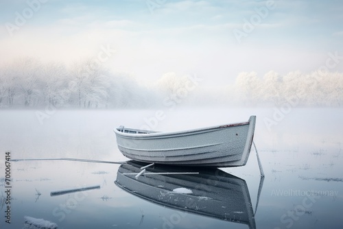 boat on the lake at sunset in winter