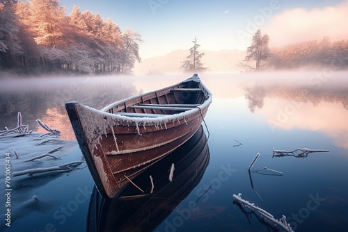 boat on the lake at sunset in winter