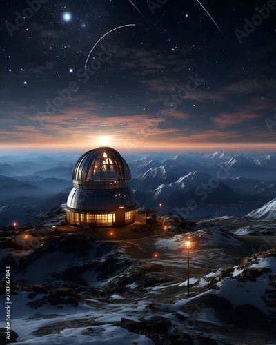 Astronomical observatory in the mountains. 3d render illustration