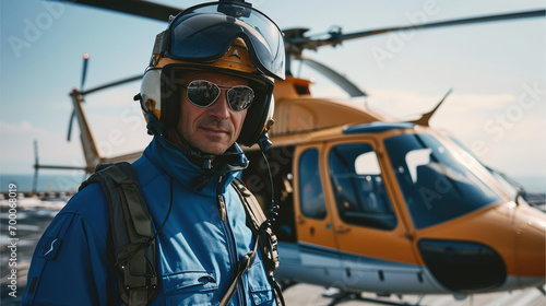 A middle age pilot in blue uniform gets into helicopter. Generative AI.