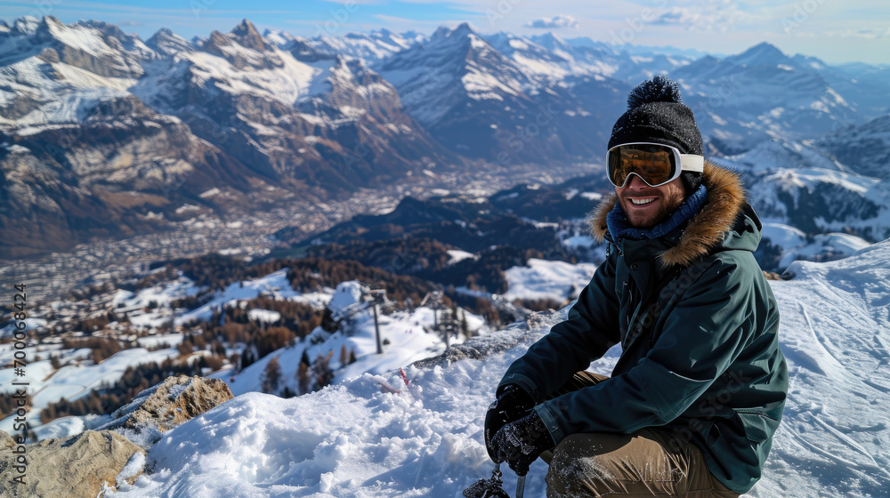 man with ski goggles sitting on the snow mountain