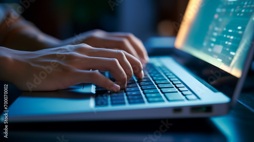 Close up of hand working on laptop, business and financial concepts. 