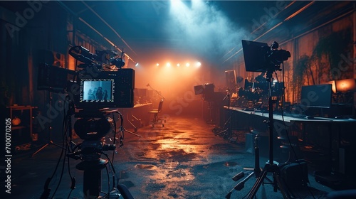 Filming studio, Professional cameras, Lighting equipment, Film crew, Cinematic atmosphere, High-end computers. Generative AI. photo