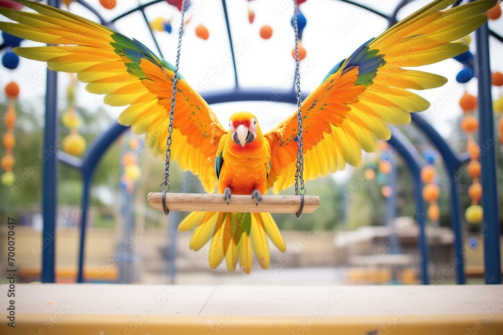 sun conure flapping wings on a swing in aviary - obrazy, fototapety, plakaty 