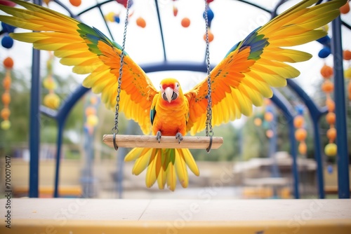 Fényképezés sun conure flapping wings on a swing in aviary