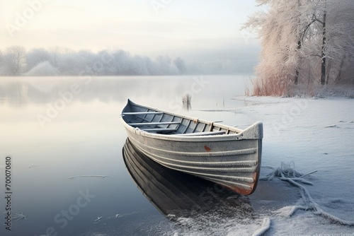 boat on the lake at sunset in winter