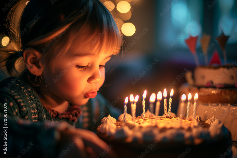 Small child blowing candles on a birthday cake. Concept of childhood memories and happy birthday celebrations. Shallow field of view. Small child blowing candles on a birthday cake. Concept of childhood memories and happy birthday celebrations. Shallow field of view.