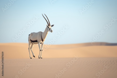 arabian oryx standing alone on a sand dune