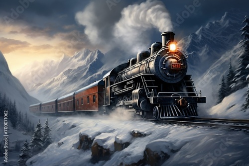 vintage steam train in the ice cold mountains