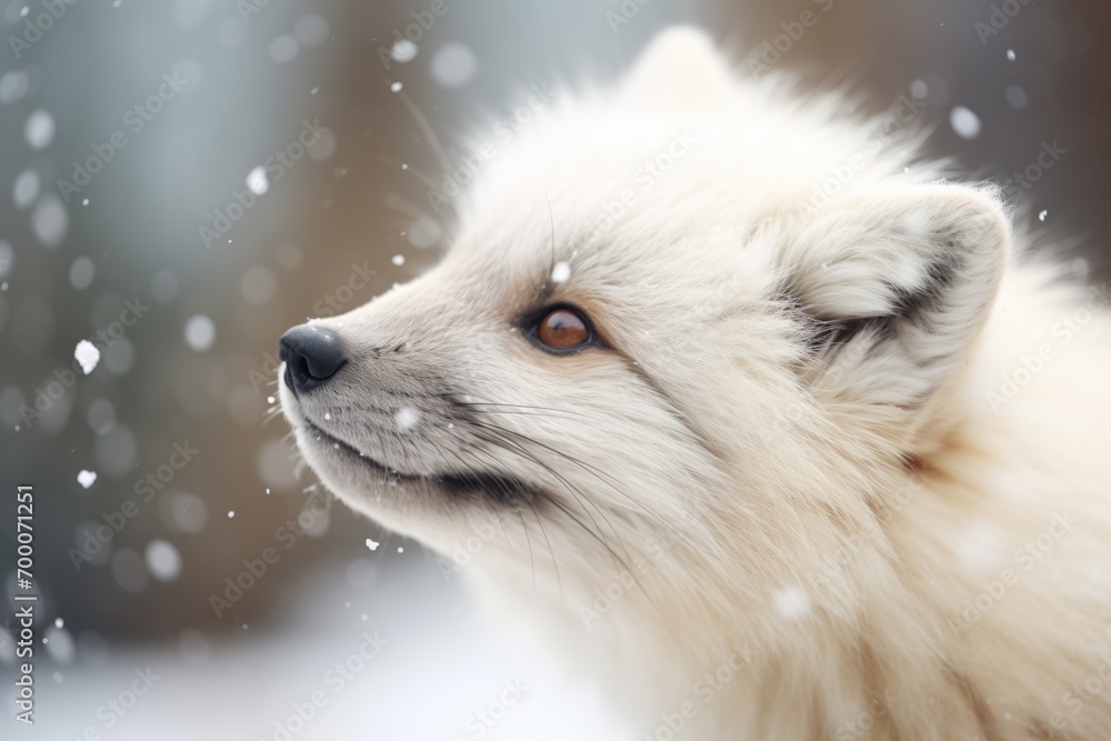 close-up of arctic fox snout with snow particles