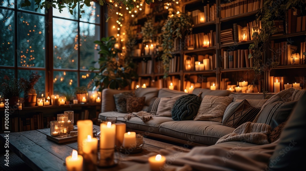 Light in the room with candles decorating a couch and bookshelves. Generative AI.