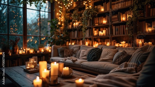 Light in the room with candles decorating a couch and bookshelves. Generative AI. © visoot