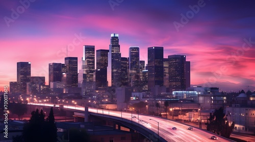Panoramic view of downtown Los Angeles at dusk, California.