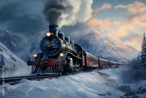 vintage steam train in the ice cold mountains © Psd