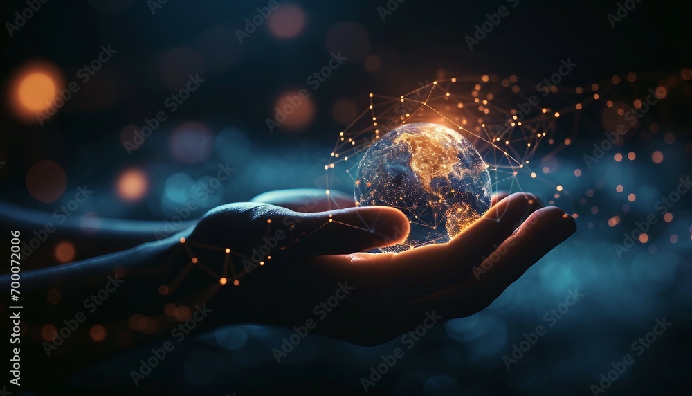 Abstract palm hands with global network connections, innovative technologies in the field of science and communication, Hand holding flying earth network global connection concept - obrazy, fototapety, plakaty 