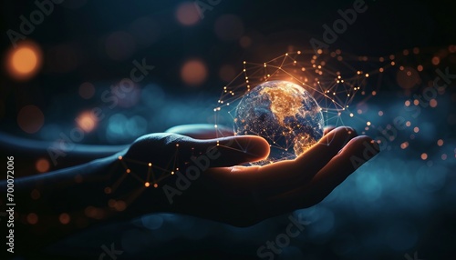 Abstract palm hands with global network connections, innovative technologies in the field of science and communication, Hand holding flying earth network global connection concept photo