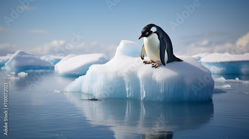 A stranded penguin on a melting ice piece.