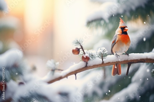 cardinal perched on snow-covered pine branch © Natalia