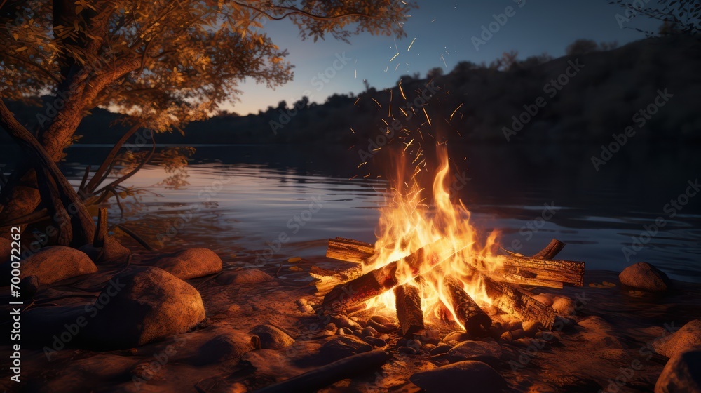 Bright bonfire in the forest on the lake shore. Generative AI Bright bonfire in the forest on the lake shore. Generative AI