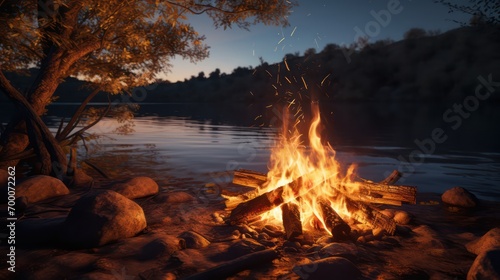 Bright bonfire in the forest on the lake shore. Generative AI