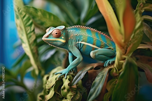 blue and green chameleon on a tropical plant