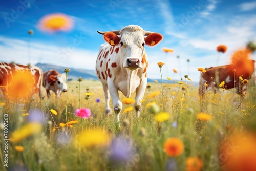 vibrant wildflowers surrounding grazing dairy cows photo