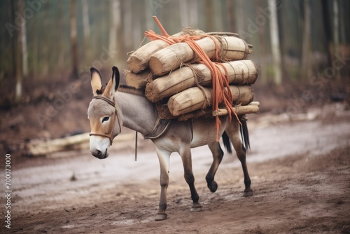 donkey transporting piles of firewood