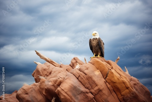 stately eagle on quartzite outcrop, storm brewing photo