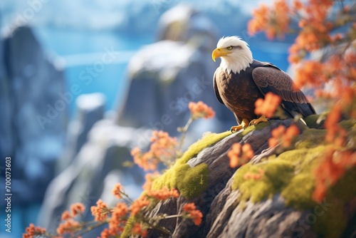 eagle resting on cliff in blooming springtime