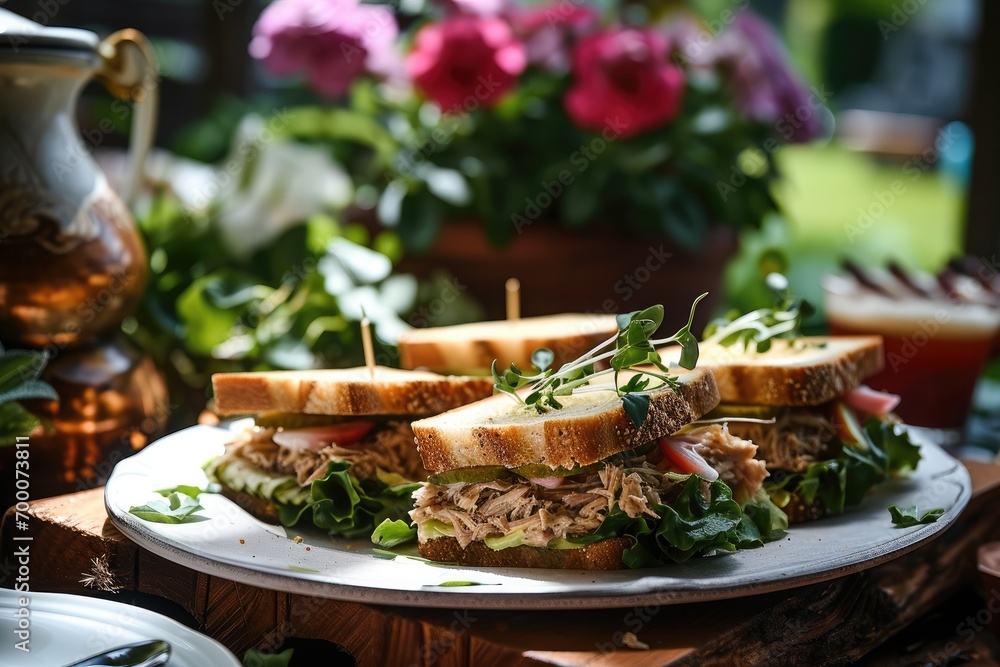 Tuna sandwiches on a tray on a table at a garden party. Generative AI. Tuna sandwiches on a tray on a table at a garden party. Generative AI.