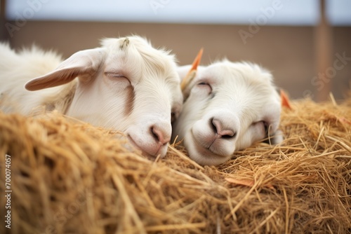 pair of goats napping on a soft haystack photo