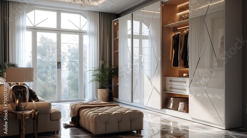 Modern closed beige wardrobe inside luxurious room. Generative AI.