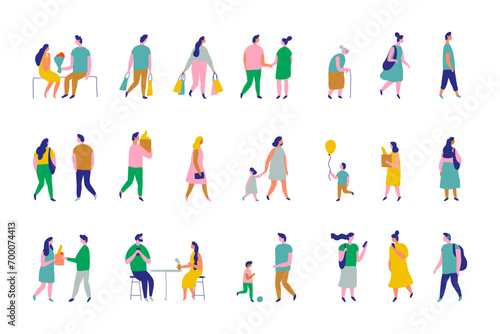 Background people silhouette flat vector set. People crowd. Men and women, kids walking outdoor